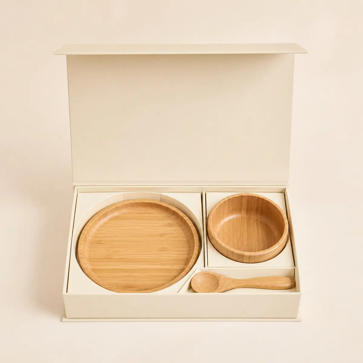Bamboo Mealtime Gift Box arranged as a clean baby shower product photo