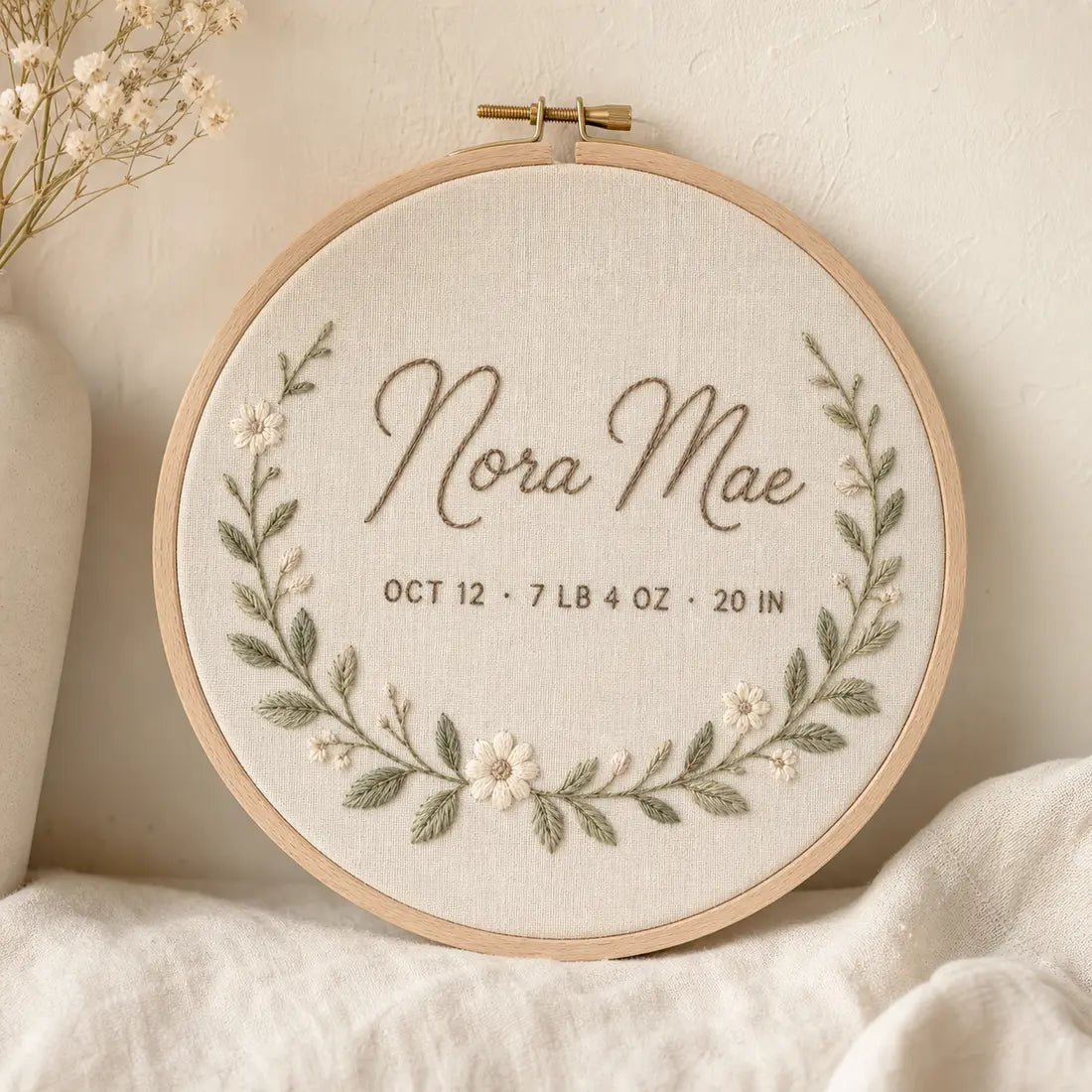 Birth Stats Embroidery Hoop, made to order by Hush & Bloom