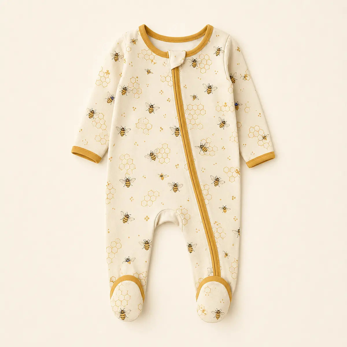 Honeybee Footie Pajamas arranged as a clean baby shower product photo