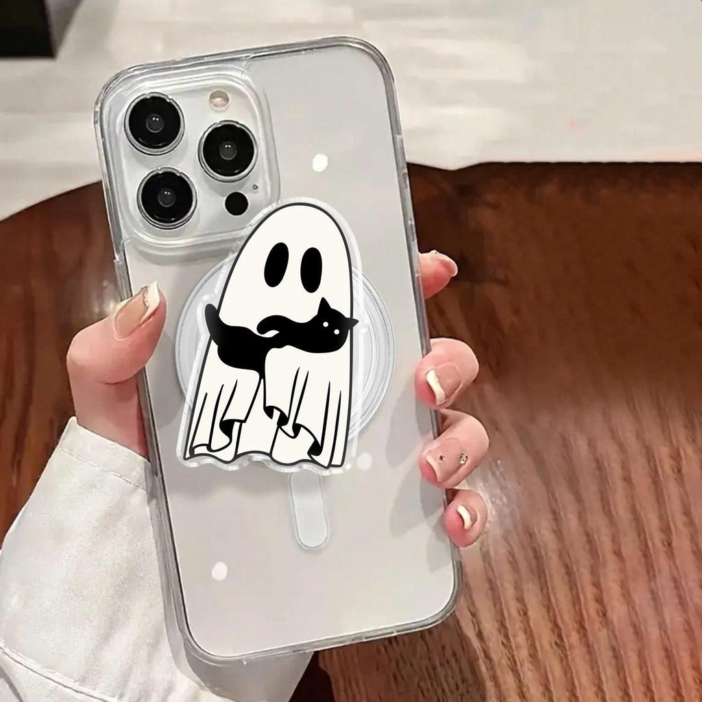 Spooky Ghost and Black Cat Phone Grip, Halloween MagSafe Grip, Cute Acrylic Phone Holder, Fall Bookish Accessory, Gift for Cat Lovers