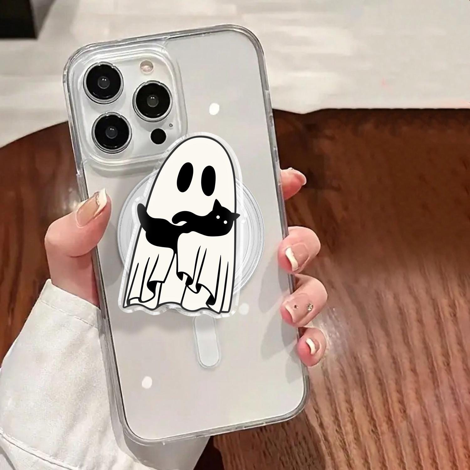 Spooky Ghost and Black Cat Phone Grip, Halloween MagSafe Grip, Cute Acrylic Phone Holder, Fall Bookish Accessory, Gift for Cat Lovers