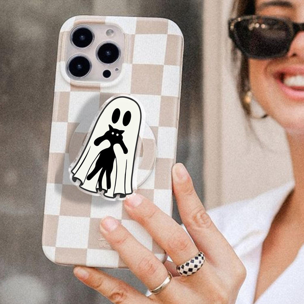 Spooky Ghost and Black Cat Phone Grip, Halloween MagSafe Grip, Cute Acrylic Phone Holder, Fall Bookish Accessory, Gift for Cat Lovers