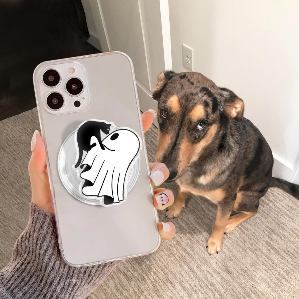 Spooky Ghost and Black Cat Phone Grip, Halloween MagSafe Grip, Cute Acrylic Phone Holder, Fall Bookish Accessory, Gift for Cat Lovers