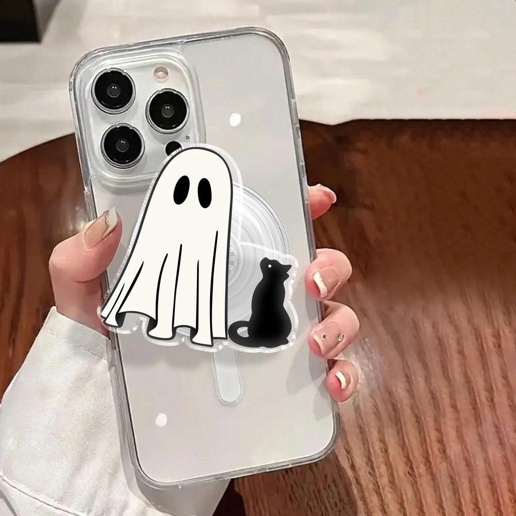 Spooky Ghost and Black Cat Phone Grip, Halloween MagSafe Grip, Cute Acrylic Phone Holder, Fall Bookish Accessory, Gift for Cat Lovers