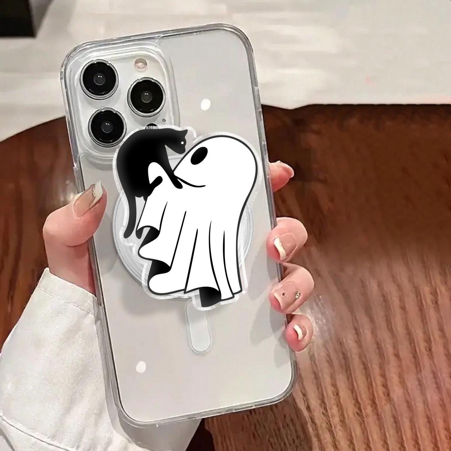 Spooky Ghost and Black Cat Phone Grip, Halloween MagSafe Grip, Cute Acrylic Phone Holder, Fall Bookish Accessory, Gift for Cat Lovers