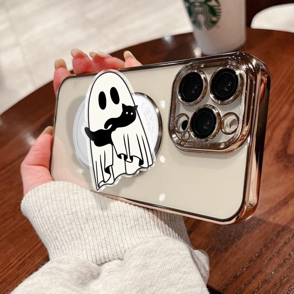 Spooky Ghost and Black Cat Phone Grip, Halloween MagSafe Grip, Cute Acrylic Phone Holder, Fall Bookish Accessory, Gift for Cat Lovers