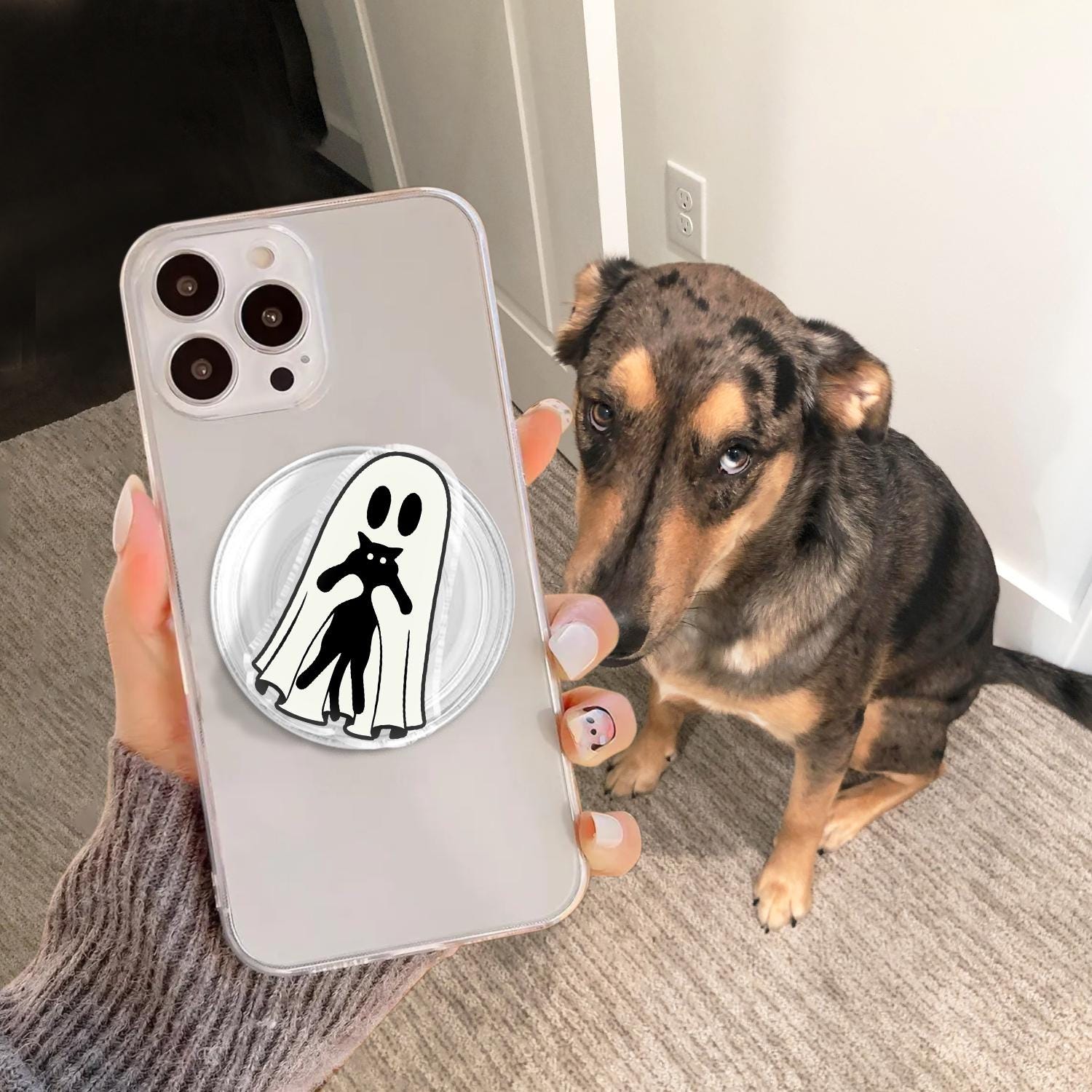 Spooky Ghost and Black Cat Phone Grip, Halloween MagSafe Grip, Cute Acrylic Phone Holder, Fall Bookish Accessory, Gift for Cat Lovers