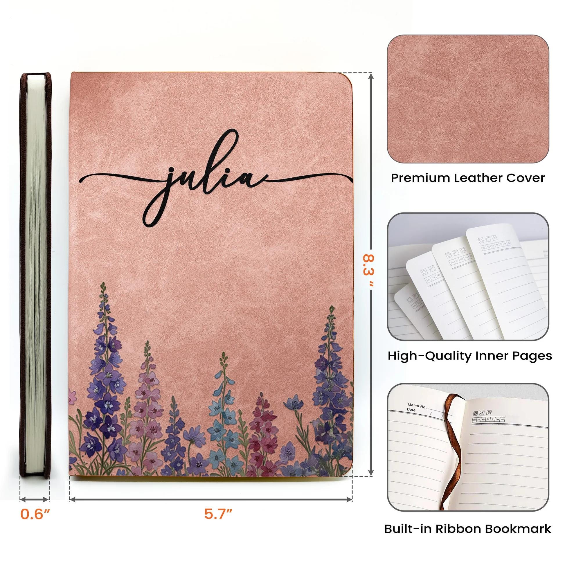 Custom Birth Flower Notebook For Her, Wife, Daughter, Sister, Personalized Leather Journal, Notebook With Leather Cover, Mothers Day Gift