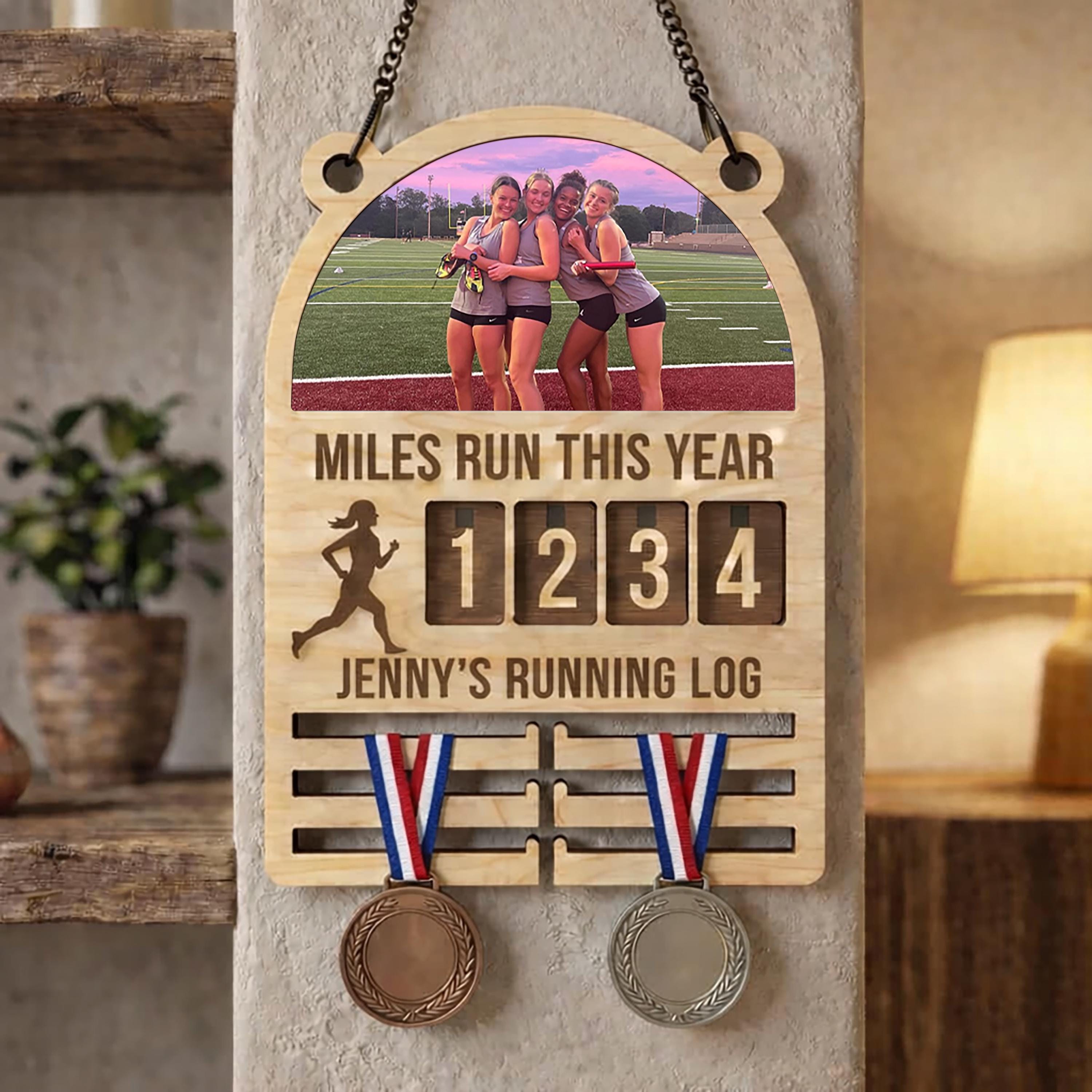 Custom Name Girl Running Log Miles Run This Year Wooden Tracker, Running Log Sign, Yearly Mileage Tracker, Runner Gift, Medal Hanger