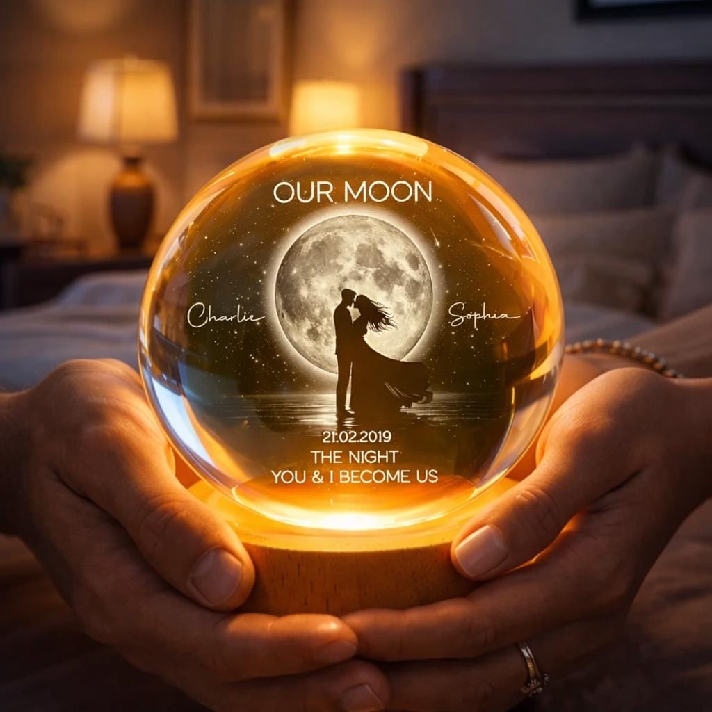 Couple Kissing Under the Moonlight, Custom Moon Phase by Date,  Personalized Crystal Ball Night Light, Valentine's Day Gift for Her, for Him