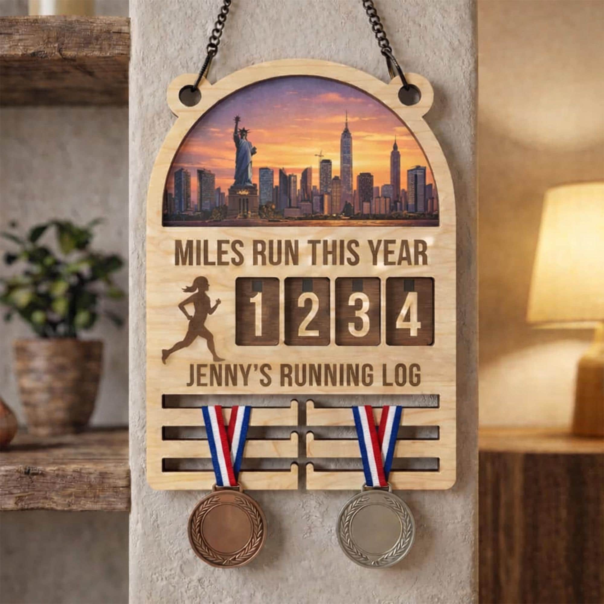 Custom Name Girl Running Log Miles Run This Year Wooden Tracker, Running Log Sign, Yearly Mileage Tracker, Runner Gift, Medal Hanger