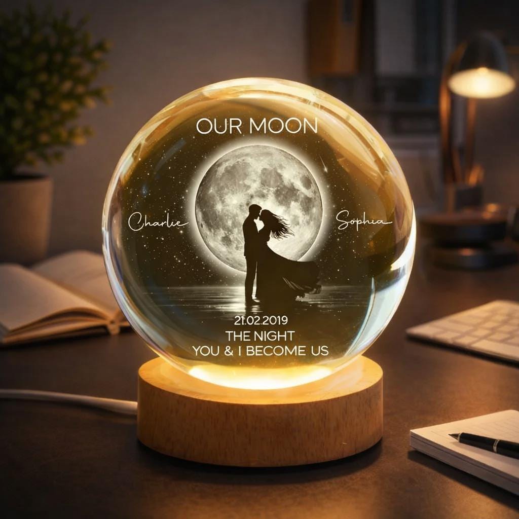 Couple Kissing Under the Moonlight, Custom Moon Phase by Date,  Personalized Crystal Ball Night Light, Valentine's Day Gift for Her, for Him