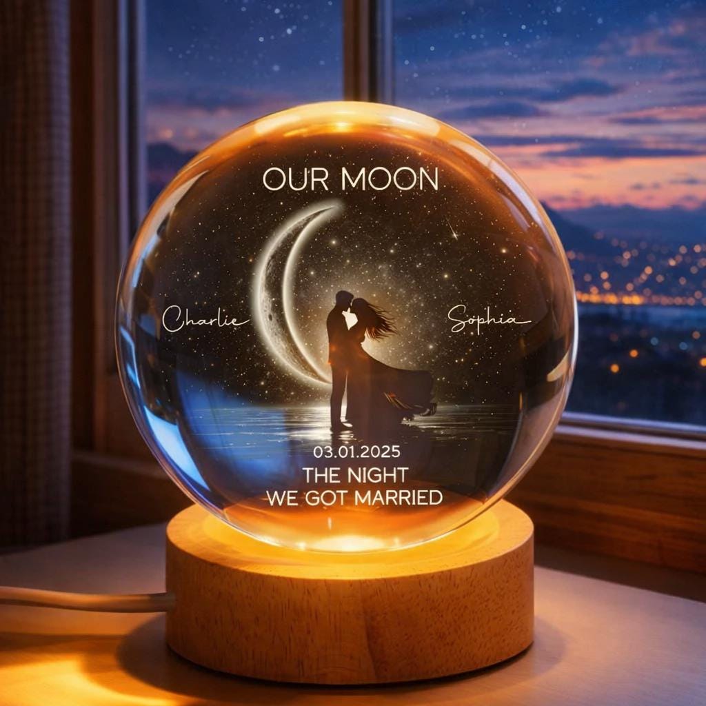 Couple Kissing Under the Moonlight, Custom Moon Phase by Date,  Personalized Crystal Ball Night Light, Valentine's Day Gift for Her, for Him