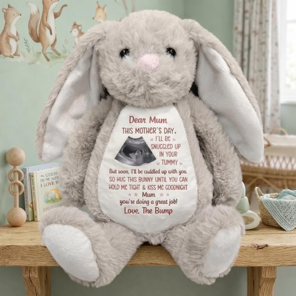 Personalized Ultrasound Photo Bunny for Mom, Mother’s Day Gift from the Bump, Custom Pregnancy Reveal Plush, Snuggled in Your Tummy Keepsake