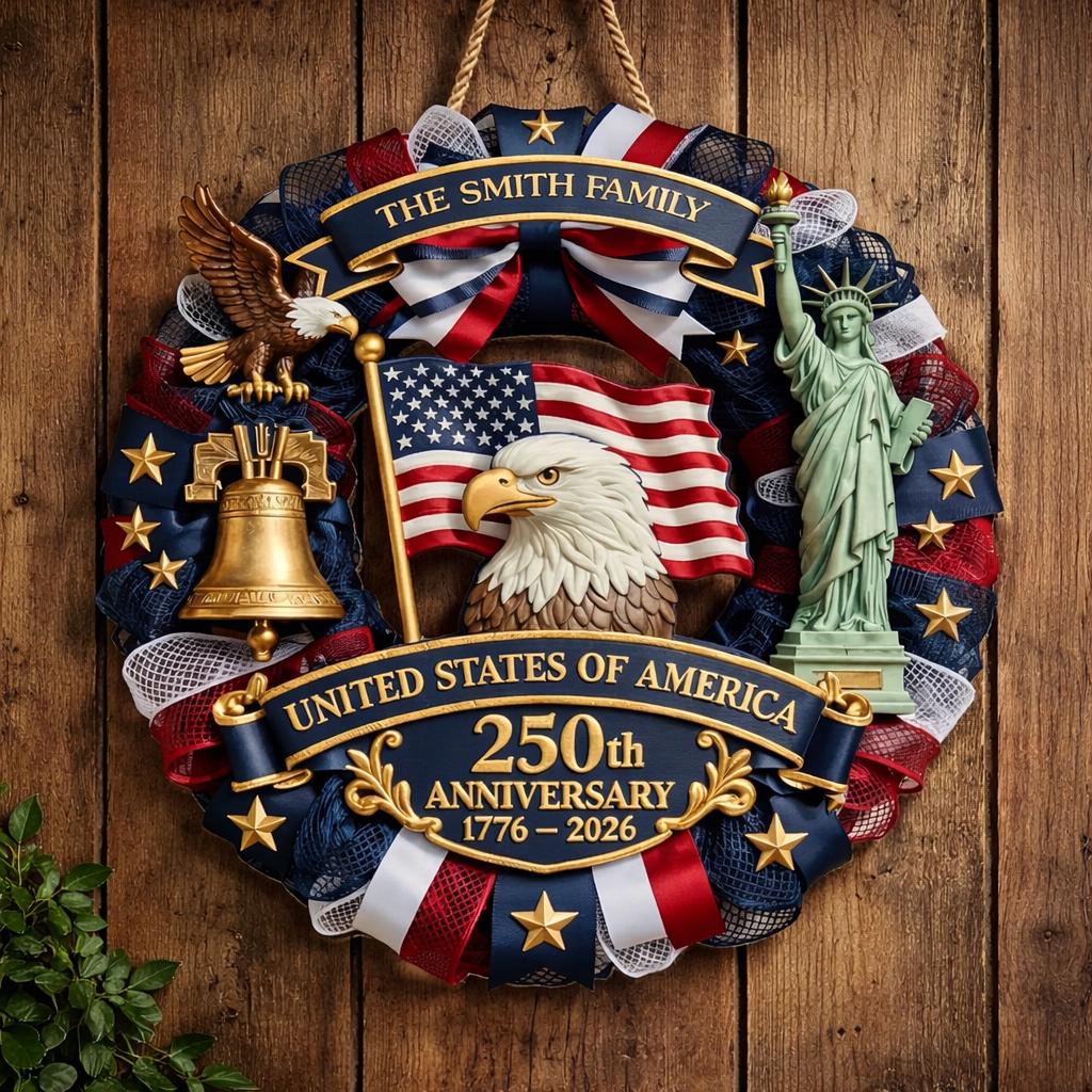 Custom USA 250th Anniversary Wood Door Sign, Personalized America 250th Anniversary Gift, Custom Patriotic Wall Decor for Family, Veterans