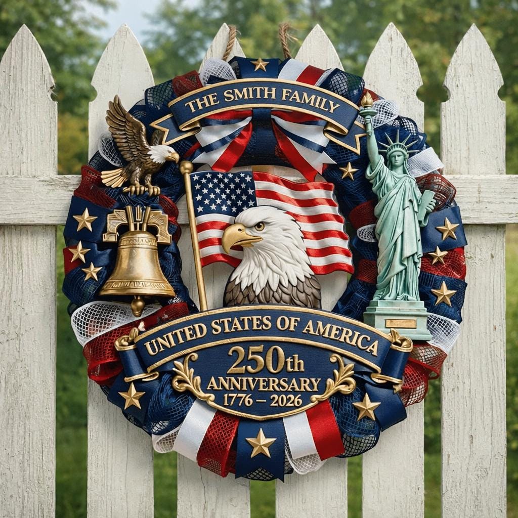 Custom USA 250th Anniversary Wood Door Sign, Personalized America 250th Anniversary Gift, Custom Patriotic Wall Decor for Family, Veterans