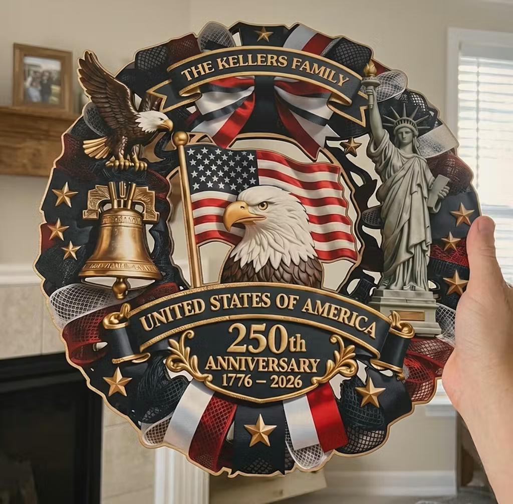 Custom USA 250th Anniversary Wood Door Sign, Personalized America 250th Anniversary Gift, Custom Patriotic Wall Decor for Family, Veterans