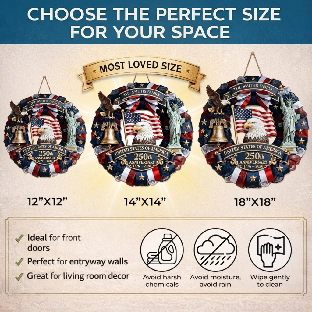 Personalized America 250th Wooden Sign 2D, Custom USA 250th Anniversary Wood Wreath, Custom Patriotic Wall Decor for Family, Veteran