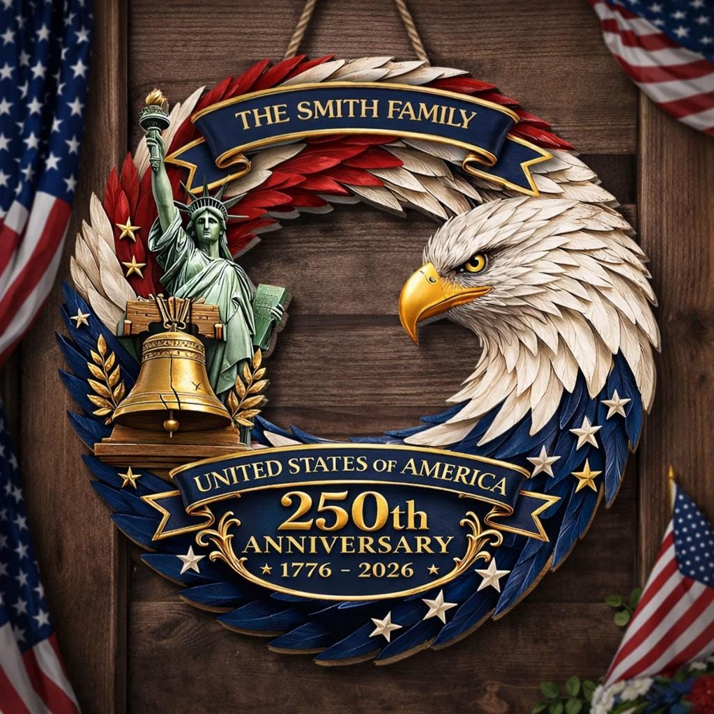 Personalized America 250th Wooden Sign 2D, Custom USA 250th Anniversary Wood Wreath, Custom Patriotic Wall Decor for Family, Veteran