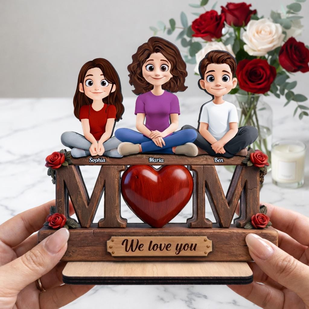 Mom We Love You Mother's Day Gift For Mom, Nana, Personalized Wooden Plaque, Custom Family Sign, Grandma Gift With Kids, 2D Flat - 2 Layers