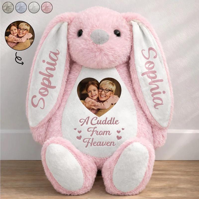 Personalized A Cuddle From Heaven Memorial Bunny, Custom Photo Easter Gift for Loss of Loved One, Sympathy Plush Toy, Bereavement Keepsake
