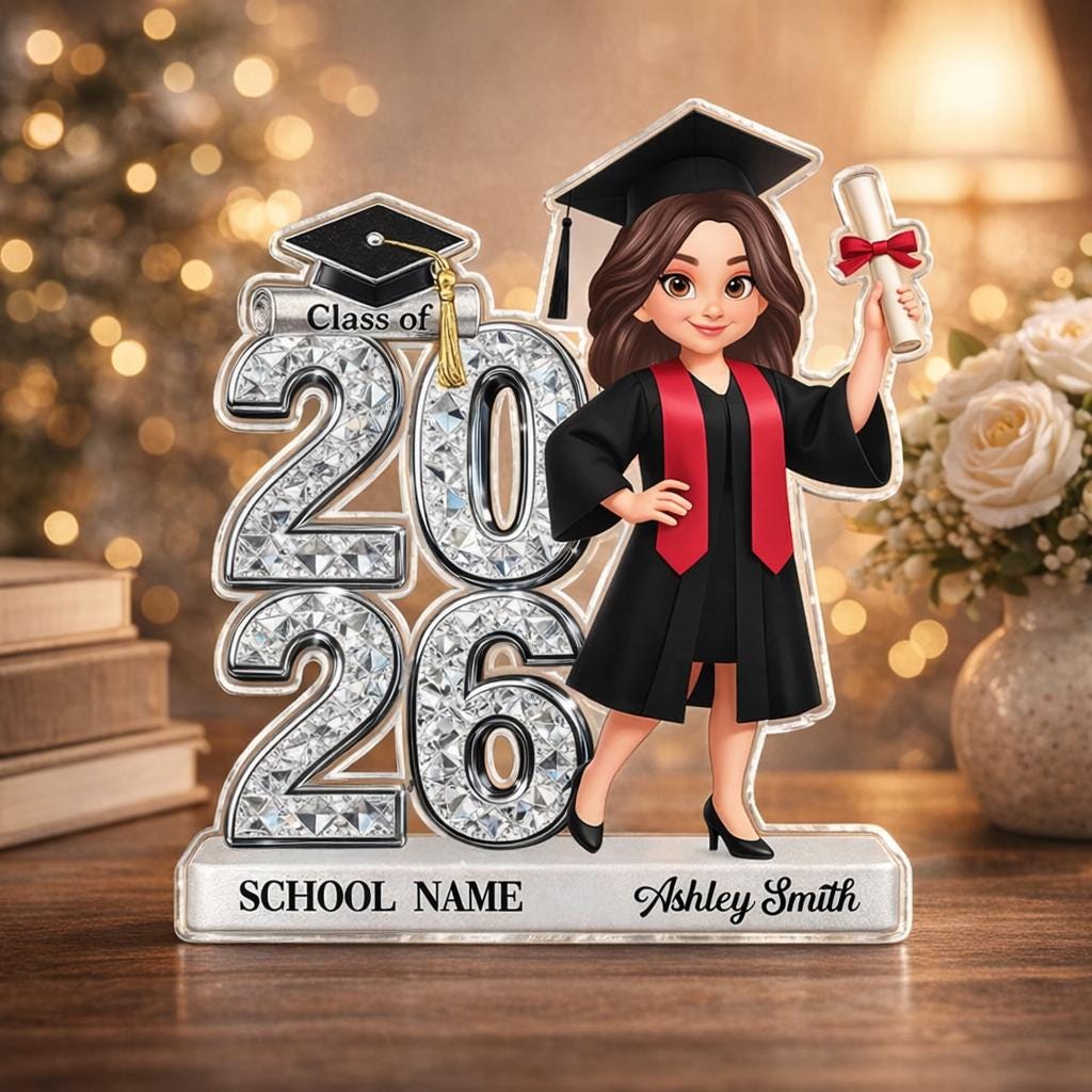 Personalized Graduation Cartoon Plaque, Class of 2026, Senior 2D Flat Acrylic Block, University Graduation Plaque, Grad Gift For Daughter