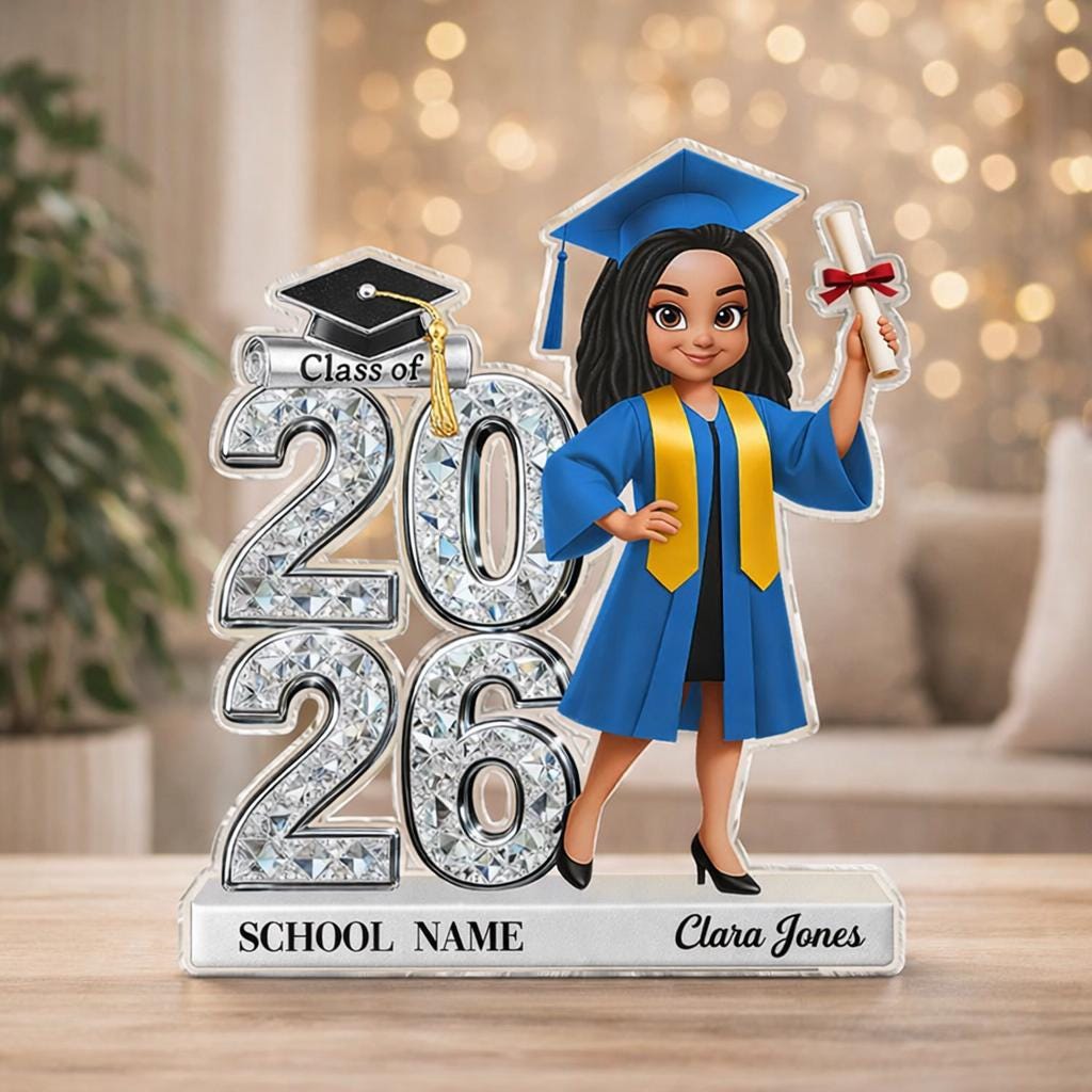 Personalized Graduation Cartoon Plaque, Class of 2026, Senior 2D Flat Acrylic Block, University Graduation Plaque, Grad Gift For Daughter