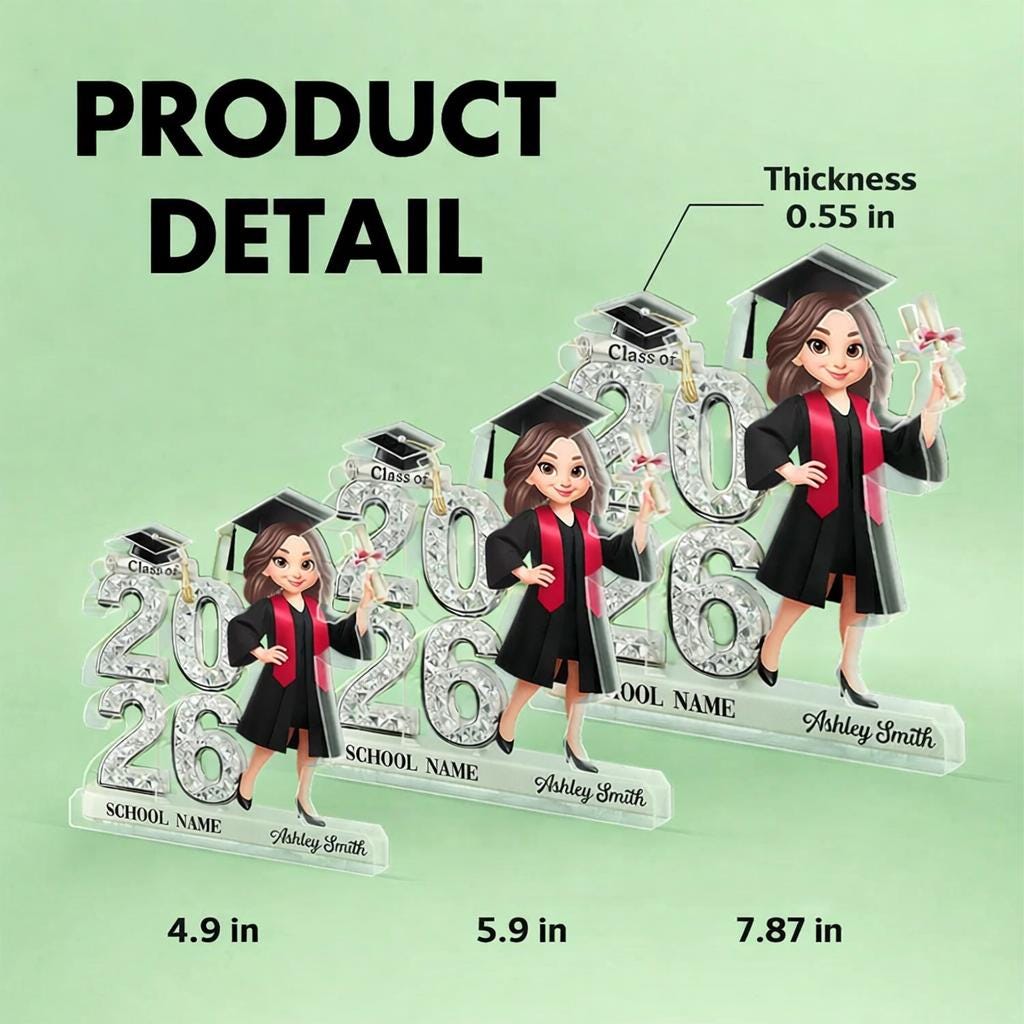 Personalized Graduation Cartoon Plaque, Class of 2026, Senior 2D Flat Acrylic Block, University Graduation Plaque, Grad Gift For Daughter