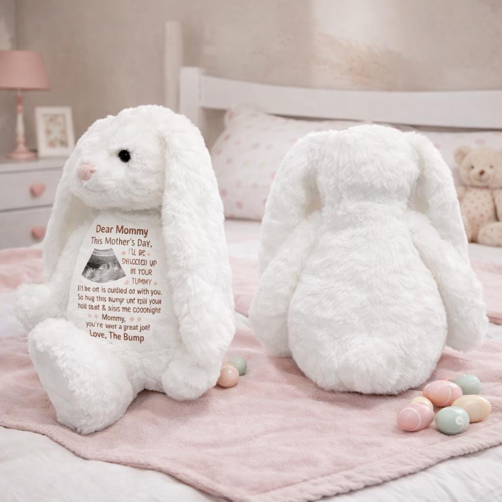 Personalized Ultrasound Photo Bunny for Mom, Mother’s Day Gift from the Bump, Custom Pregnancy Reveal Plush, Snuggled in Your Tummy Keepsake