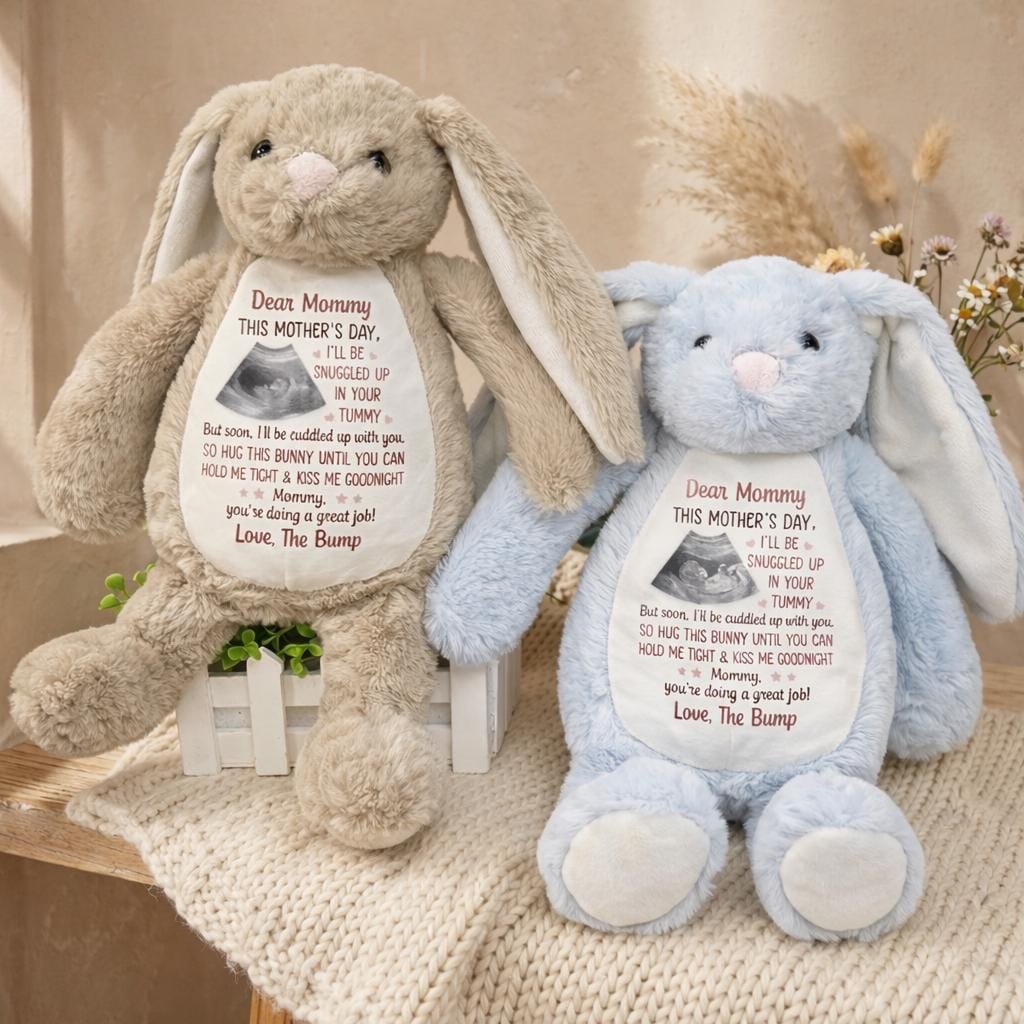 Personalized Ultrasound Photo Bunny for Mom, Mother’s Day Gift from the Bump, Custom Pregnancy Reveal Plush, Snuggled in Your Tummy Keepsake