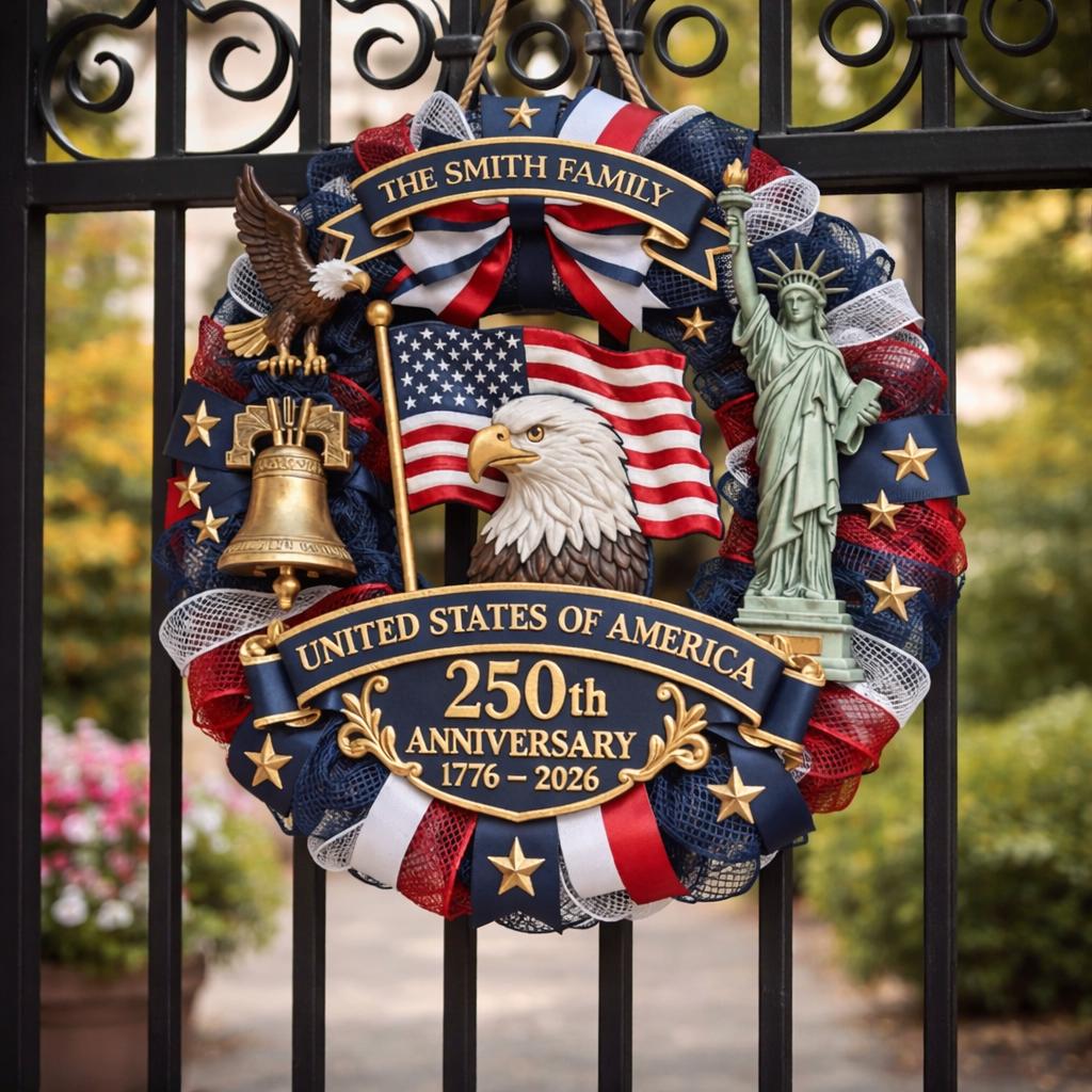 Custom USA 250th Anniversary Wood Door Sign, Personalized America 250th Anniversary Gift, Custom Patriotic Wall Decor for Family, Veterans