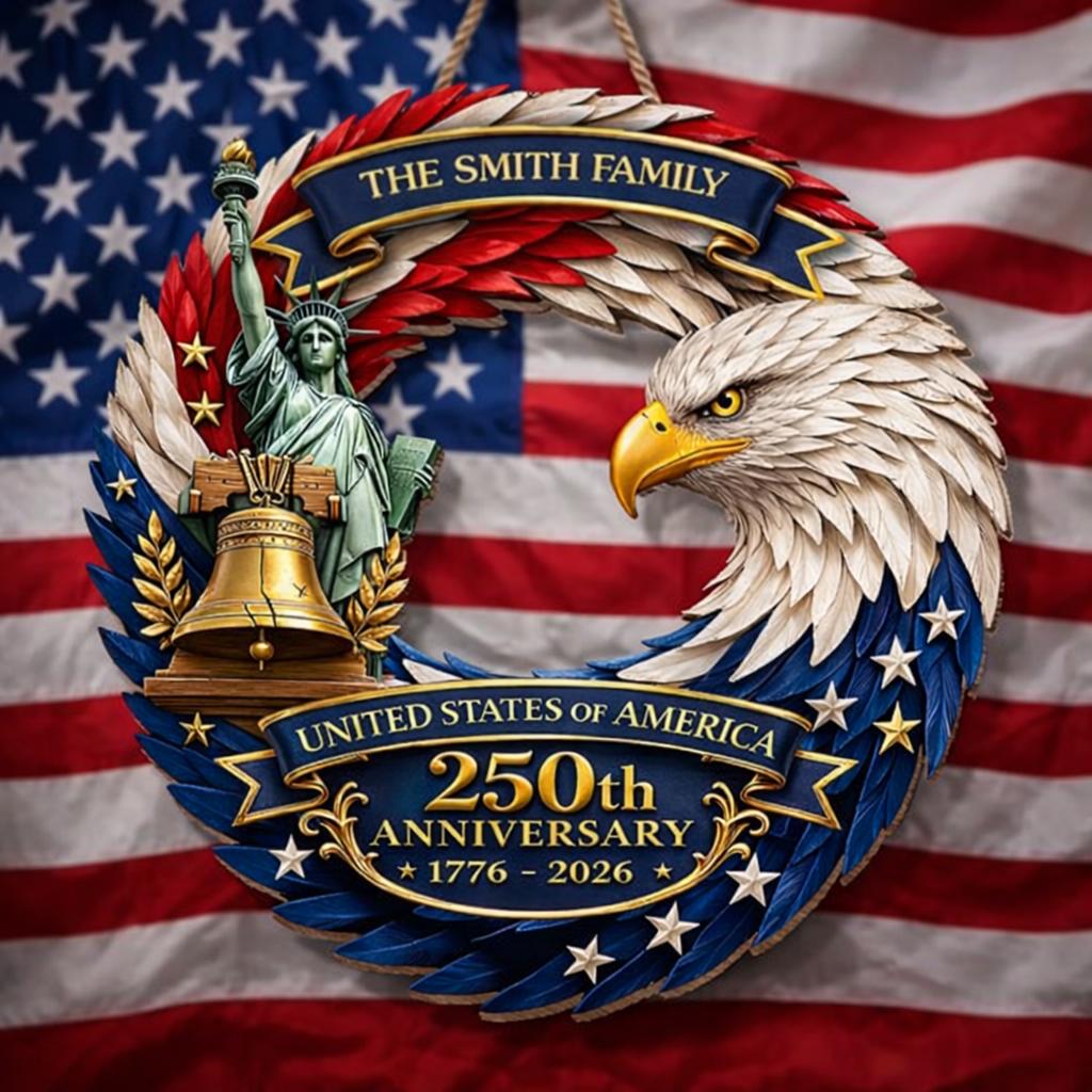Personalized America 250th Wooden Sign 2D, Custom USA 250th Anniversary Wood Wreath, Custom Patriotic Wall Decor for Family, Veteran