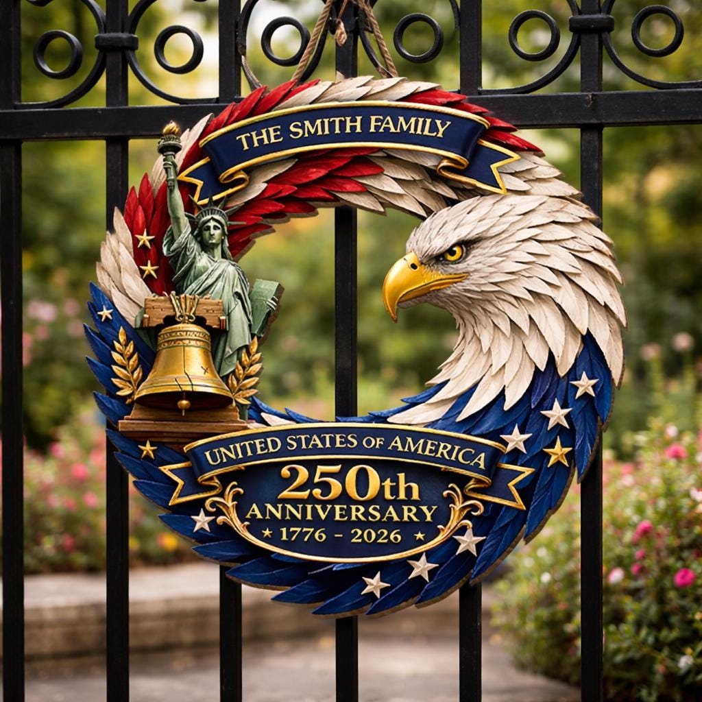 Personalized America 250th Wooden Sign 2D, Custom USA 250th Anniversary Wood Wreath, Custom Patriotic Wall Decor for Family, Veteran