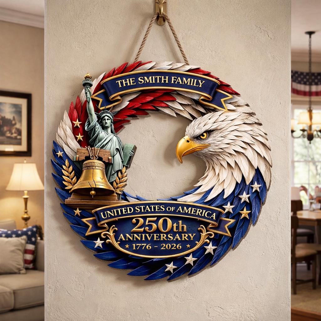 Personalized America 250th Wooden Sign 2D, Custom USA 250th Anniversary Wood Wreath, Custom Patriotic Wall Decor for Family, Veteran