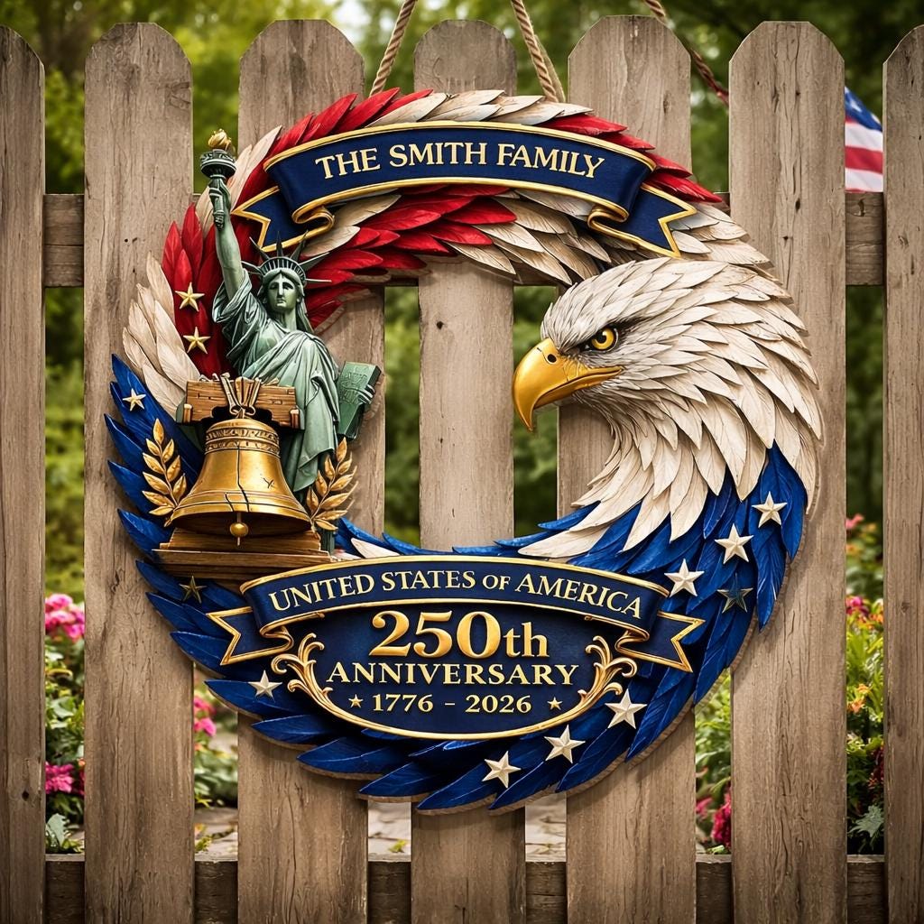 Personalized America 250th Wooden Sign 2D, Custom USA 250th Anniversary Wood Wreath, Custom Patriotic Wall Decor for Family, Veteran