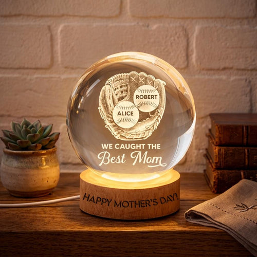 Baseball Softball Glove We Caught The Best Mom, Personalized Crystal Ball LED Night Light, Mothers Day Gift For Baseball Mom, Mom Coach Gift