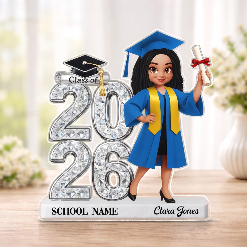 Personalized Graduation Cartoon Plaque, Class of 2026, Senior 2D Flat Acrylic Block, University Graduation Plaque, Grad Gift For Daughter