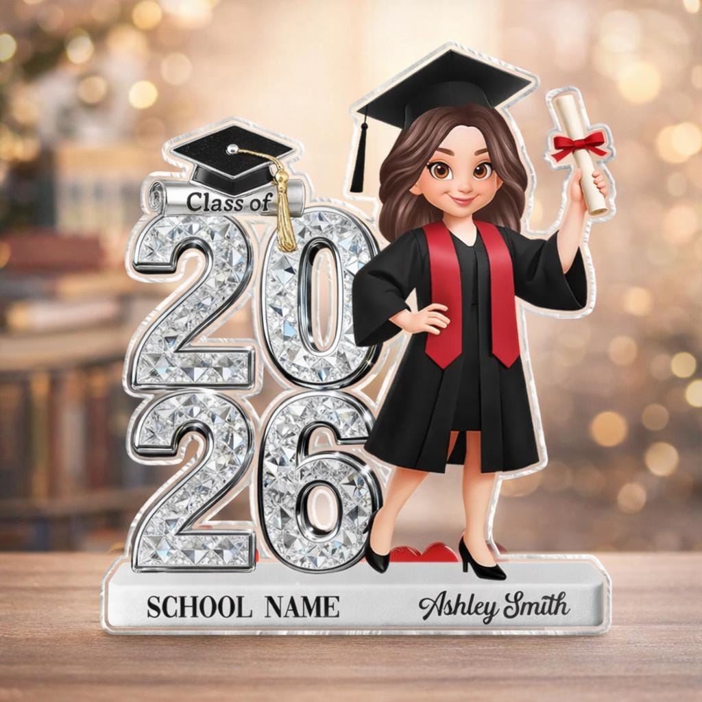 Personalized Graduation Cartoon Plaque, Class of 2026, Senior 2D Flat Acrylic Block, University Graduation Plaque, Grad Gift For Daughter