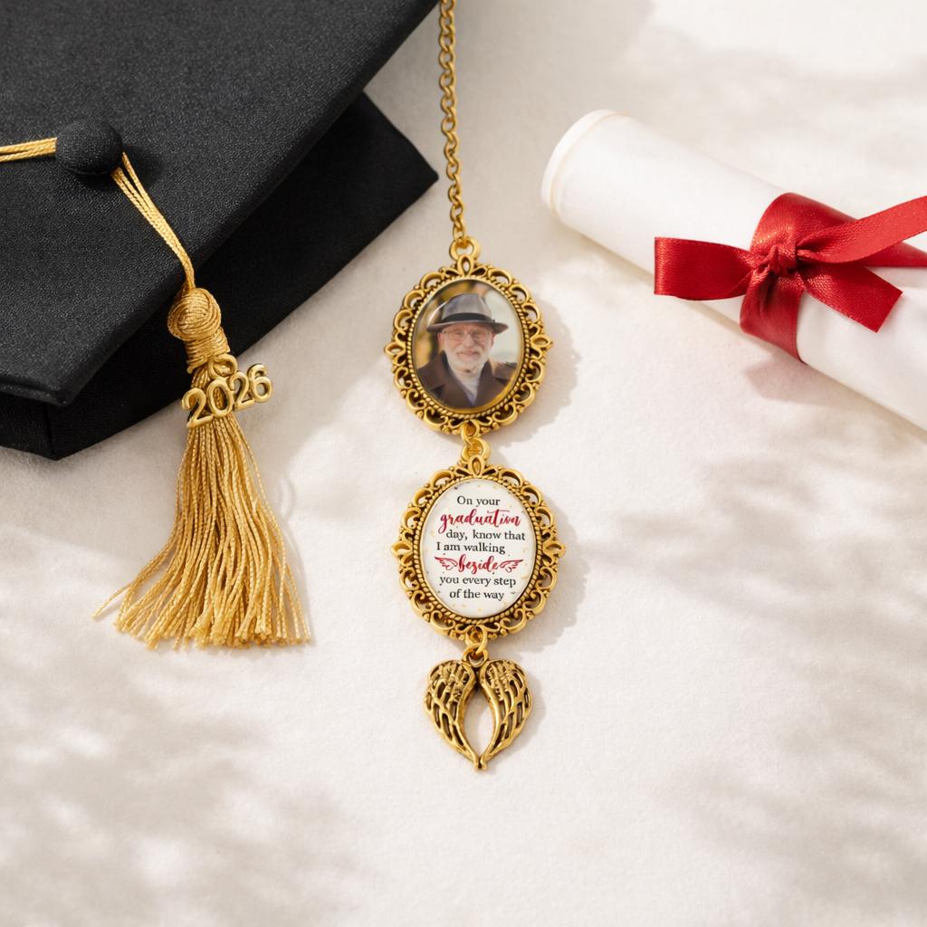 Custom Graduation Tassel Photo Charm, On Graduation Day Memorial Charm with Angel Wings, Hat Topper Tassel, Graduation Gift, Class of 2026