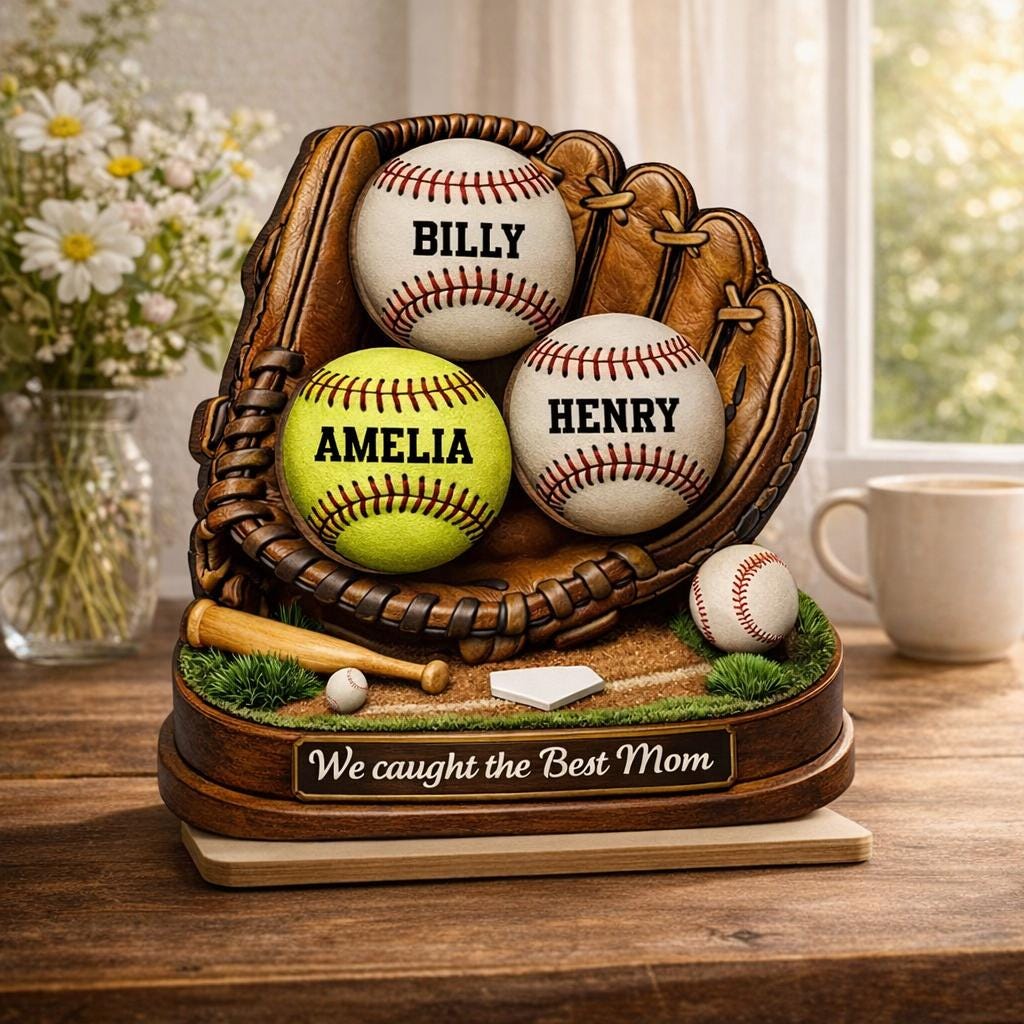 We Caught The Best Mom, Baseball, Softball Personalized Standing Wooden Sign, Mother's Day Gift For Wife, Mom, Custom Baseball Lover Gift