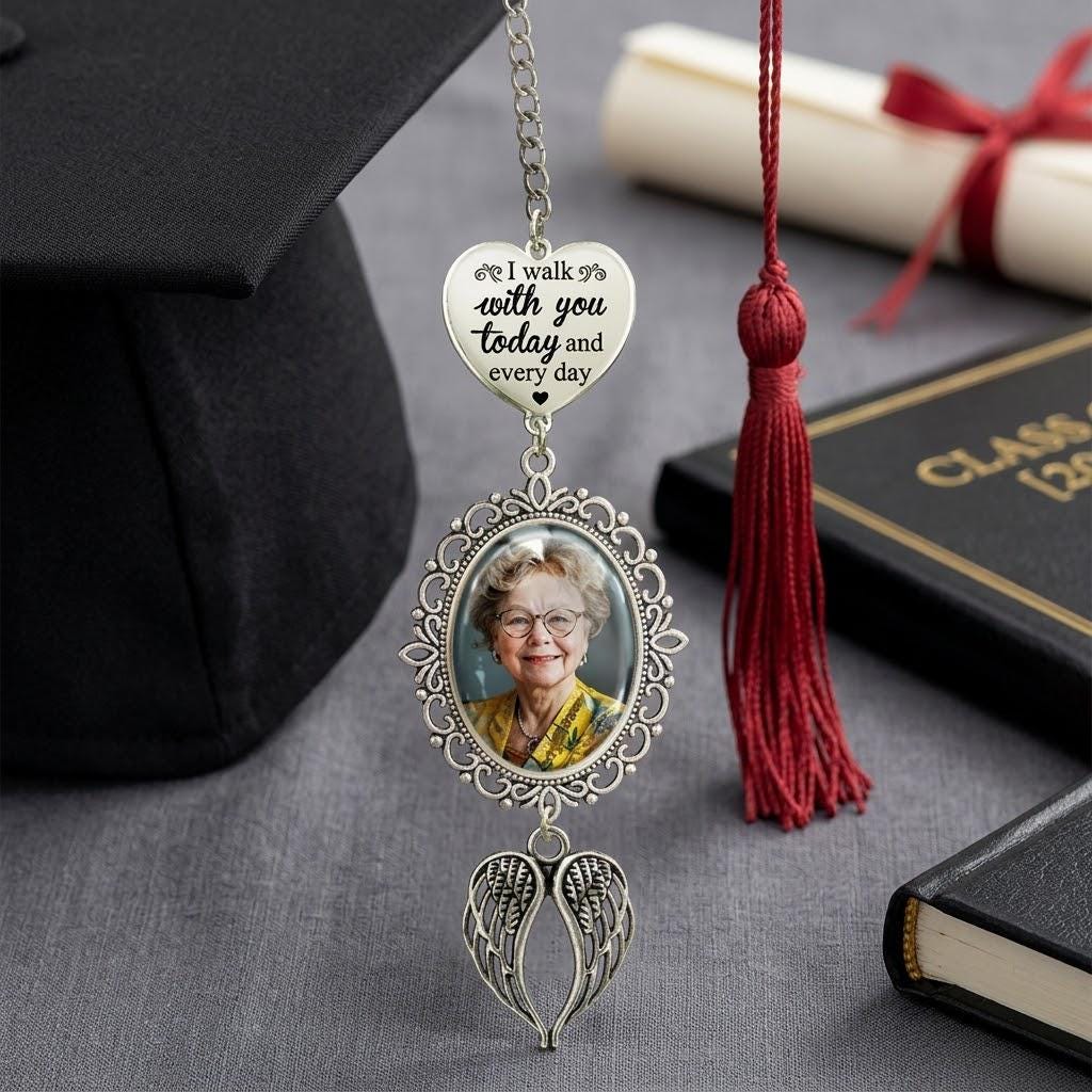 Custom Graduation Tassel Heart Charm, On Graduation Day Memorial Charm with Angel Wings, Graduation Gift, Class of 2026, Hat Topper Tassel