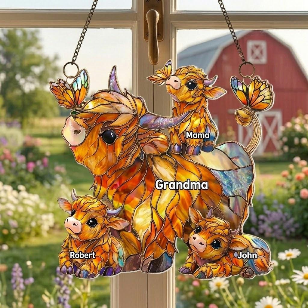 Personalized Highland Cow Mom Acrylic Suncatcher, Grandma’s Herd with Names, Custom Family Window Hanging, Mother's Day Gift for Mom Grandma