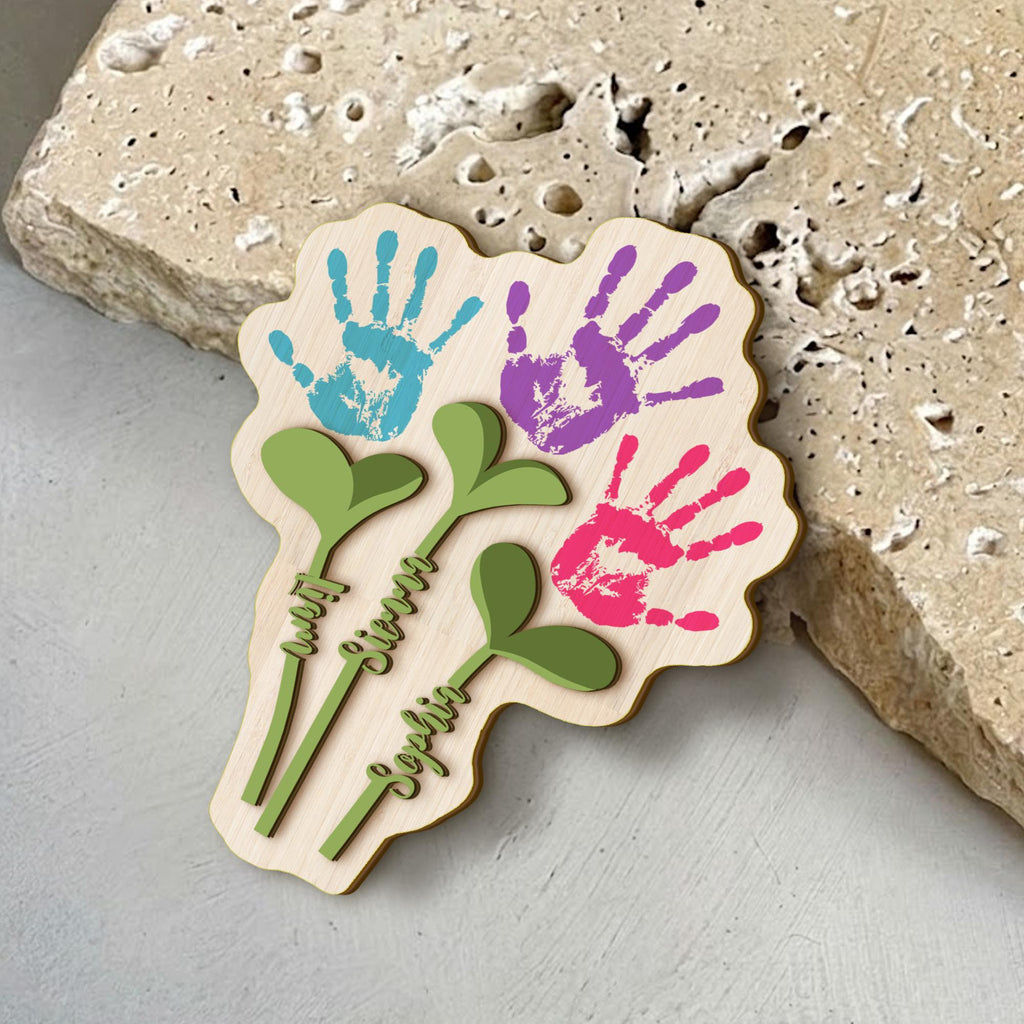 Personalized Handprint Flower Gift for Mom, Wooden Keepsake Mother’s Day Gift, Custom Baby Handprint Plaque, Mom Gift from Kids, Wooden Sign
