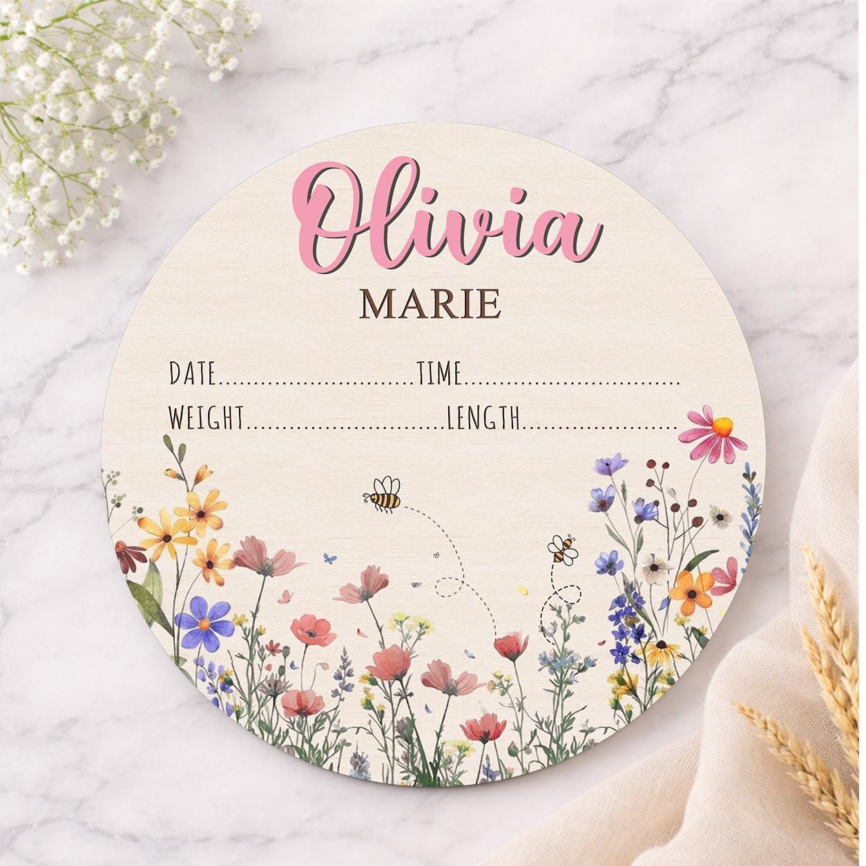 Personalized Baby Announcement Sign, Wildflower Name Sign for Hospital, Baby Girl Name Sign, Newborn Sign With Birth Stats, Baby Shower Gift