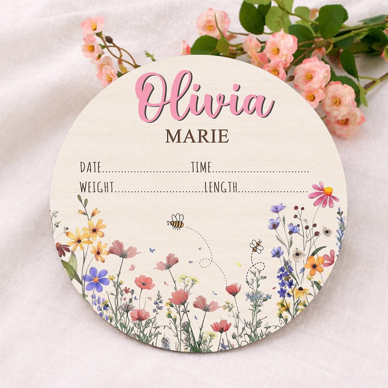 Personalized Baby Announcement Sign, Wildflower Name Sign for Hospital, Baby Girl Name Sign, Newborn Sign With Birth Stats, Baby Shower Gift