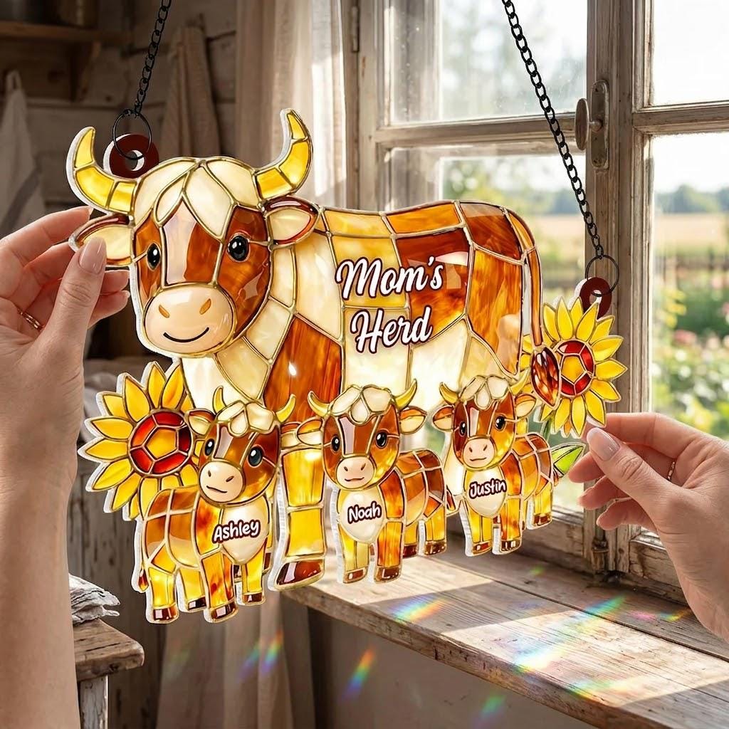 Personalized Highland Cow Mom Acrylic Suncatcher, Custom Family Window Hanging, Mother's Day Gift for Mom Grandma, Faux Stained Glass Art