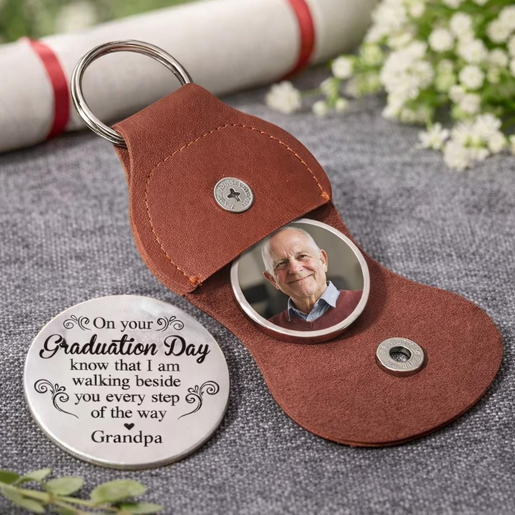 Walking Beside You Personalized Graduation Pocket Hug, Memorial Photo Pocket hug For Graduate, Custom Leather Keychain With Photo Charm Gift