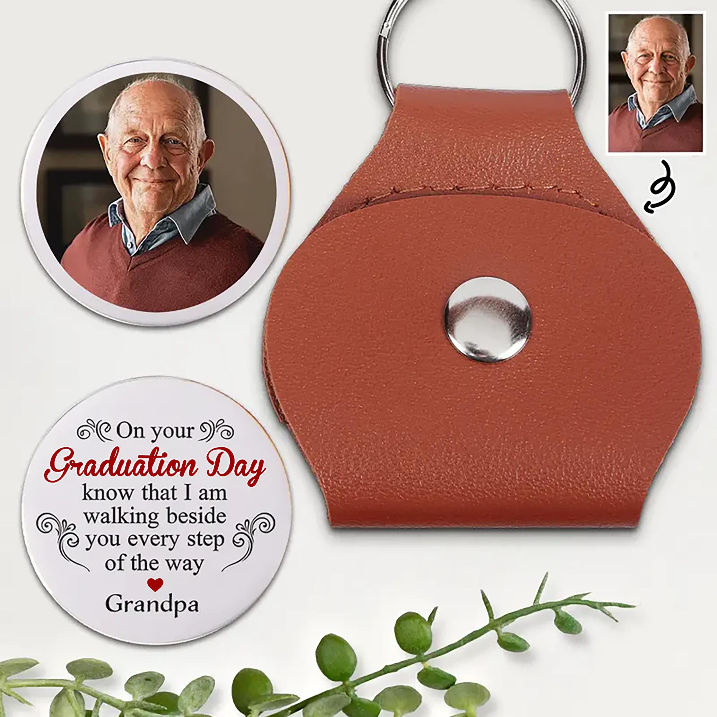 Walking Beside You Personalized Graduation Pocket Hug, Memorial Photo Pocket hug For Graduate, Custom Leather Keychain With Photo Charm Gift