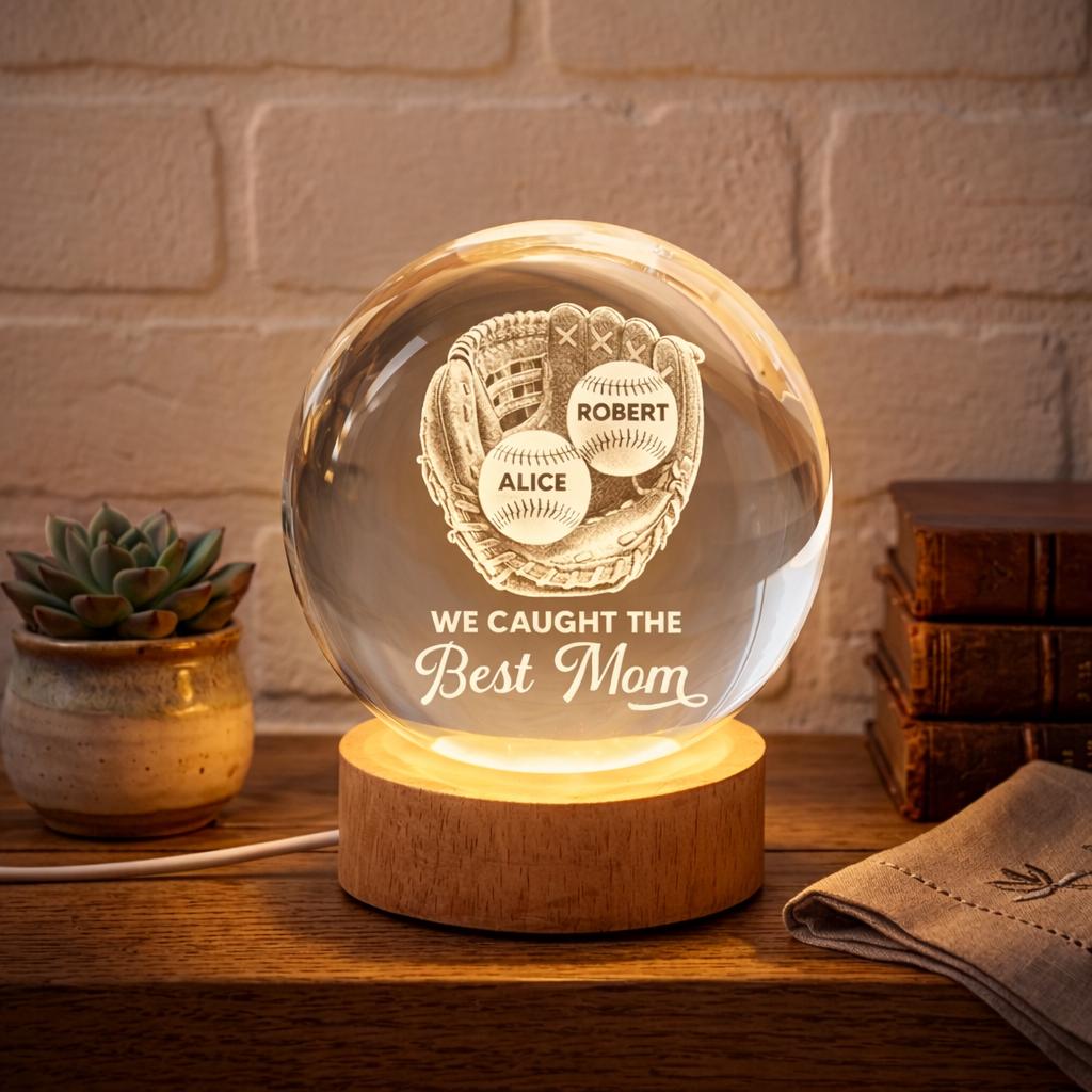 Baseball Softball Glove We Caught The Best Mom, Personalized Crystal Ball LED Night Light, Mothers Day Gift For Baseball Mom, Mom Coach Gift