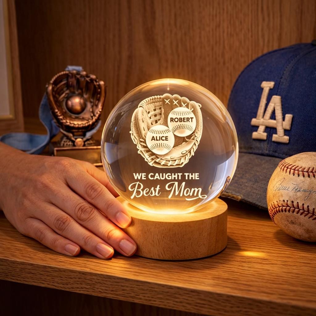 Baseball Softball Glove We Caught The Best Mom, Personalized Crystal Ball LED Night Light, Mothers Day Gift For Baseball Mom, Mom Coach Gift
